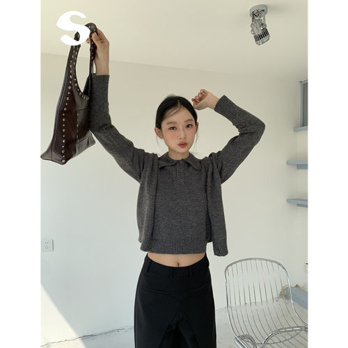 灰色打底毛衣开衫背心上衣两件套