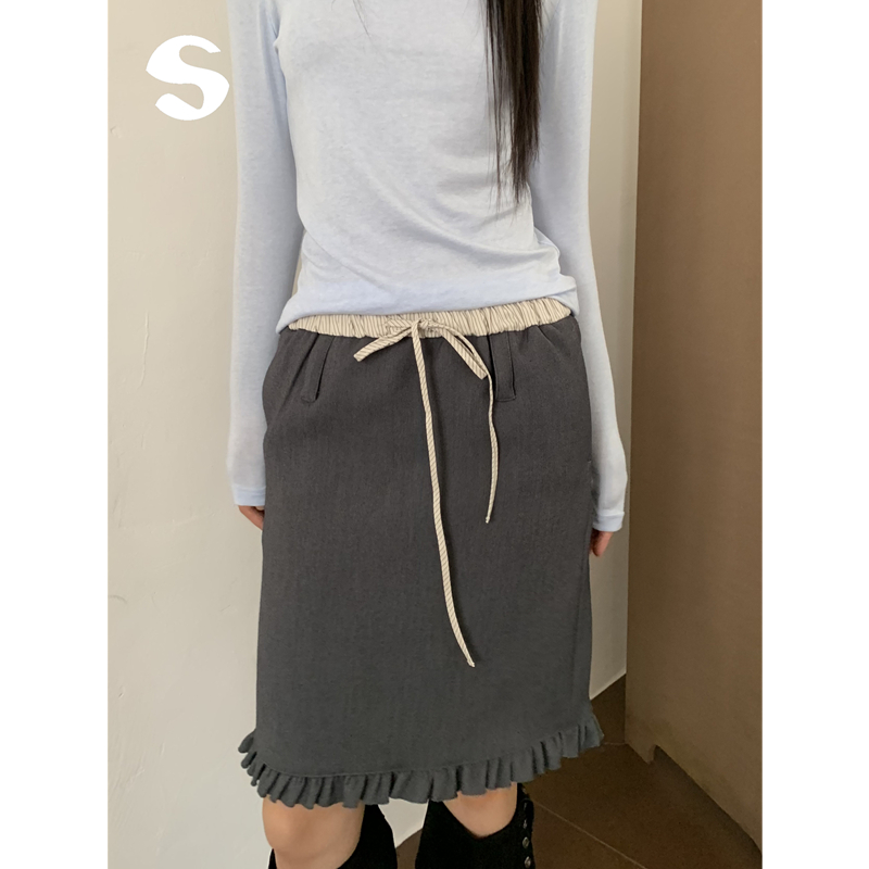 撞色拼接显瘦系带花边A字半身裙