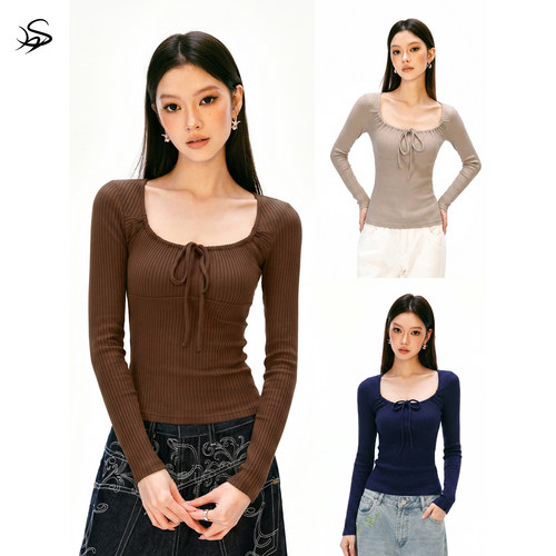 十一月 AS25K9131秋季修身显瘦方领系带蝴蝶结罗纹长袖针织衫女