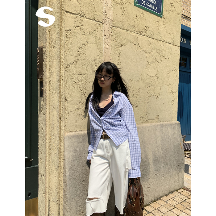 简约收腰绑带长袖格子衬衫上衣