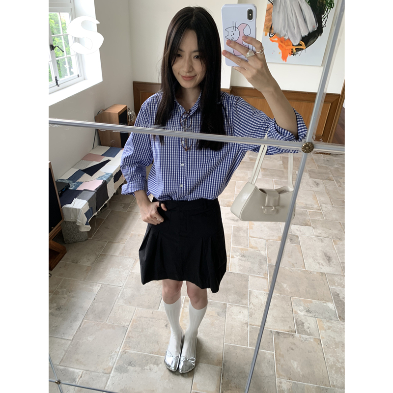 蓝色格子衬衫宽松休闲叠穿上衣