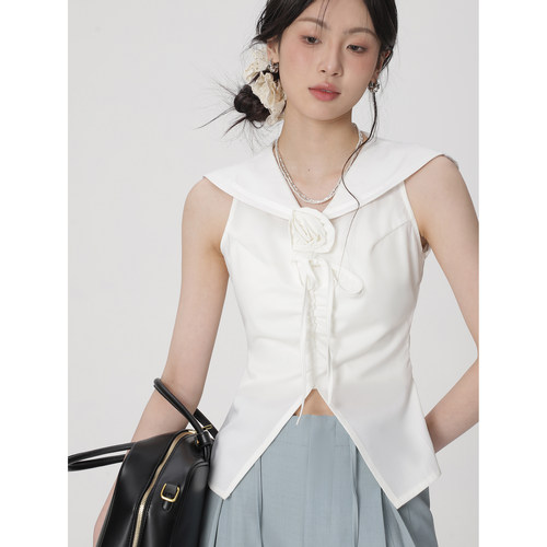 Creamsu叙白 2025春夏季新款设计感白色玫瑰海军领削肩褶皱背心女