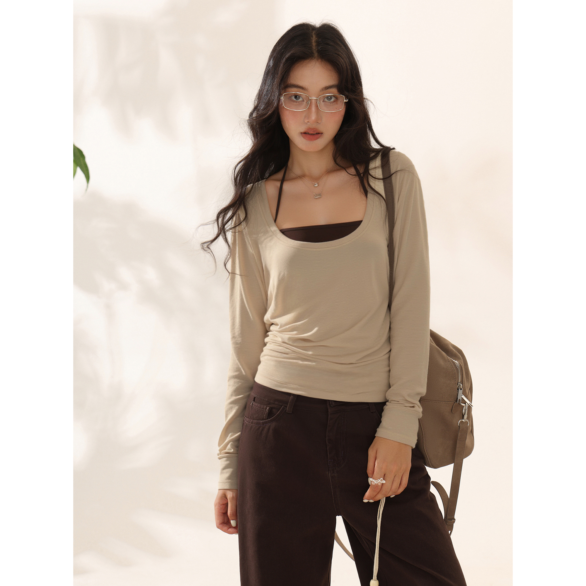 Creamsu叙白 慵懒松弛挂脖长袖T恤两件套女秋季显瘦气质百搭上衣