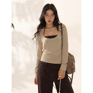 Creamsu叙白 慵懒松弛挂脖长袖T恤两件套女秋季显瘦气质百搭上衣