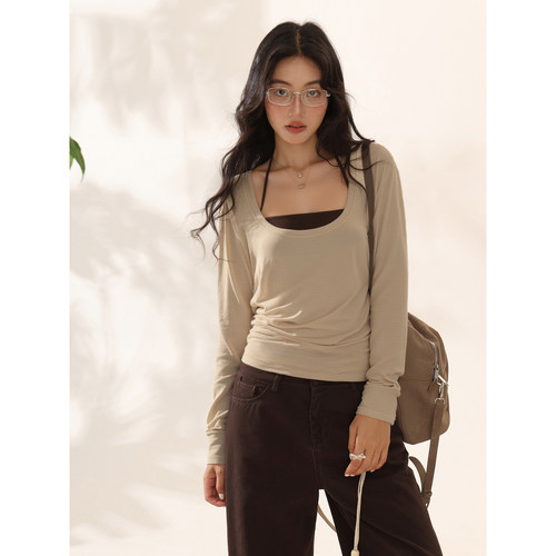 Creamsu叙白 慵懒松弛挂脖长袖T恤两件套女秋季显瘦气质百搭上衣