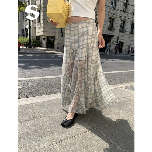 不规则鱼尾格纹网纱半身裙长裙子