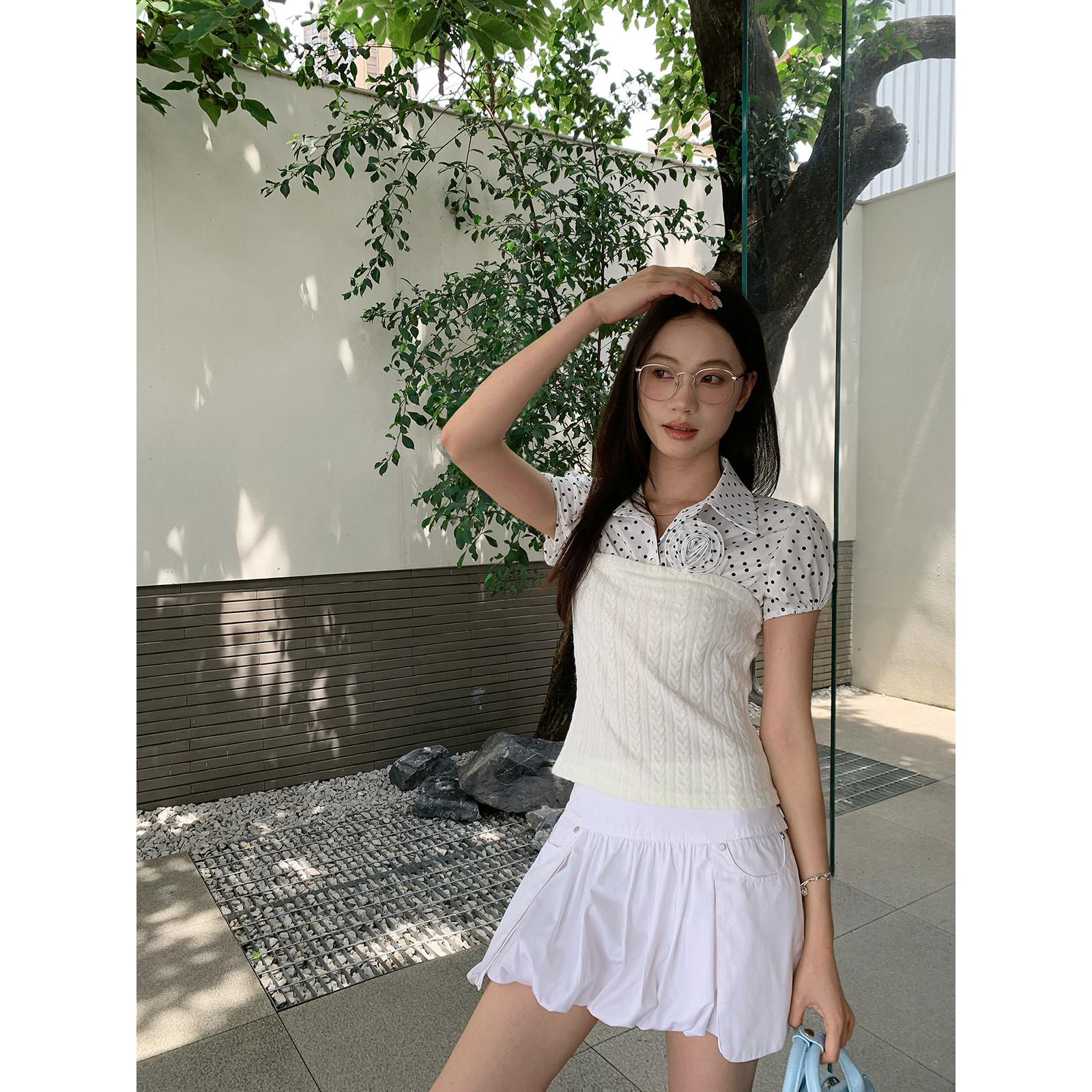 Creamsu叙白 白色波点假两件短袖衬衫女夏季修身显瘦泡泡袖短上衣图片
