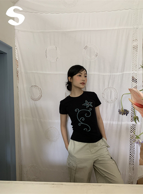 Sleep at 11 韩系立体烫珠设计感显瘦黑色圆领正肩短袖T恤上衣女