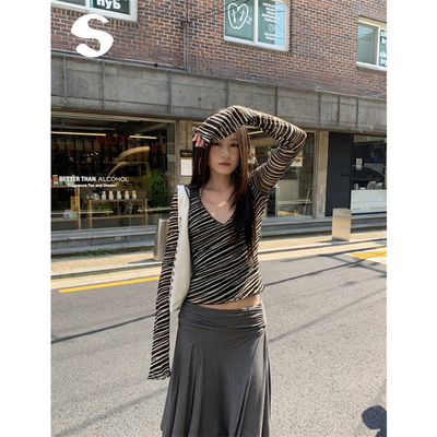 斑马条纹花边修身长袖T恤上衣