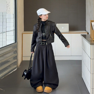 2025秋季 阔腿裤 新款 西装 两件套 儿童洋气时髦韩版 女童甜酷皮衣套装