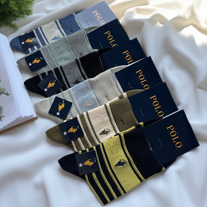 新品POLO袜子男秋冬厚保暖纯棉条纹休闲吸汗防臭中长筒棉袜潮9412