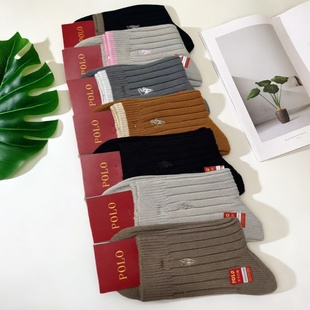 正品 加厚保暖纯棉坑条长筒袜纯色中筒袜黑色1870 POLO袜子女秋冬季