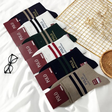 新品POLO袜子女秋冬双杠纯棉学院风坑条中筒袜无骨休闲长筒袜1916