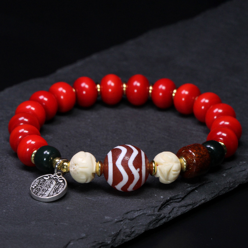 圣饰奇缘西藏天然玛瑙红肉水纹天珠琉璃藏式风手链男女款14*14mm