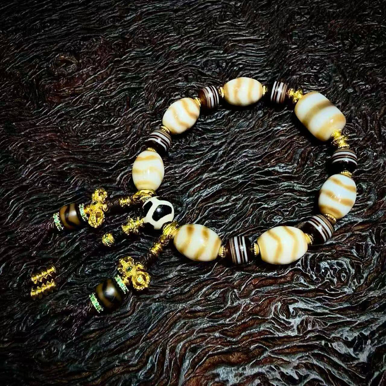 5A级西藏天然老矿原石玛瑙虎牙龟甲线珠天珠牦牛骨藏式民族风手串