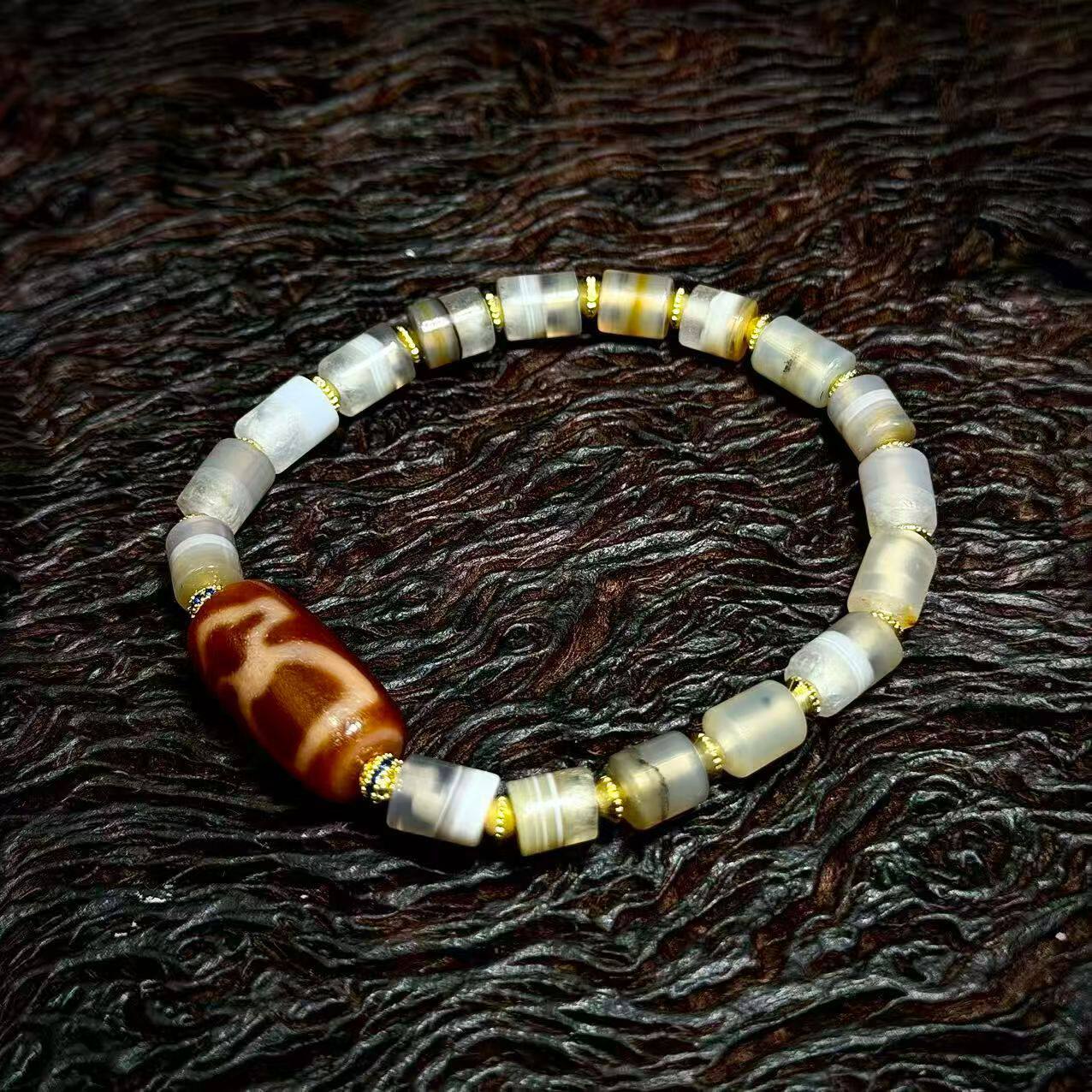 5A级西藏天然真品老矿原石玛瑙红肉财神天珠手串手链12*38mm左右