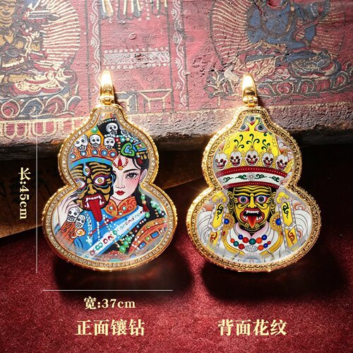 葫芦唐卡吊坠扎基拉姆黄财神 藏式掌心唐卡嘎乌盒 招财福禄项链女