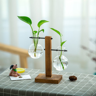 创意简约透明玻璃木架水培花瓶桌面摆件绿萝植物容器装 饰品新品