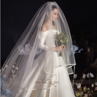 新款明星张馨予同款头纱/结婚纱简约缎布面包边婚纱超长3米拖尾