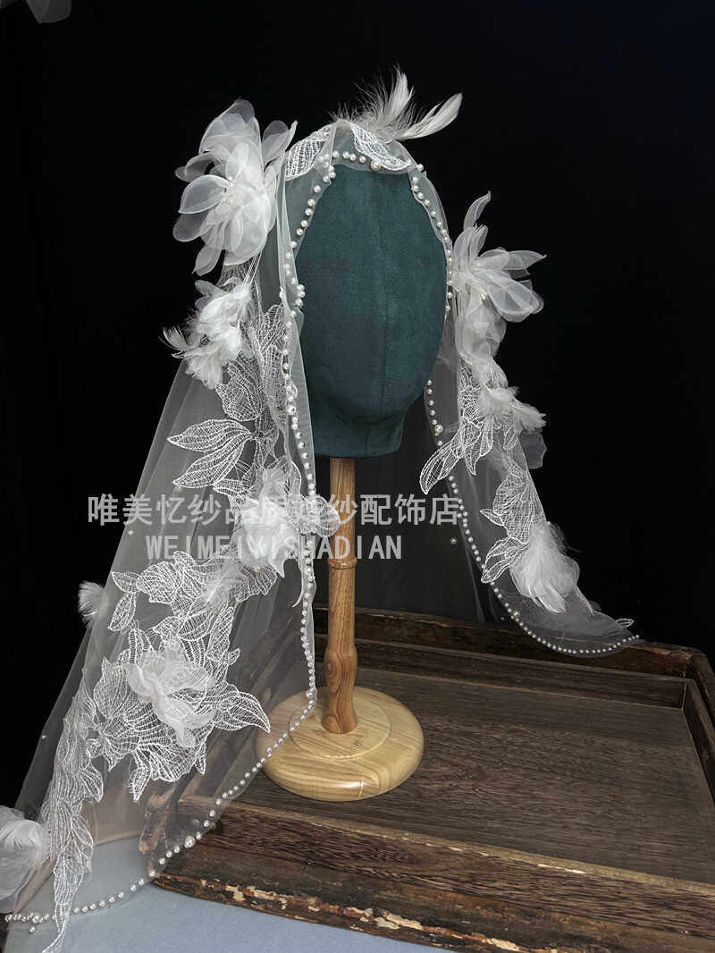 新娘结婚造型婚纱头纱超仙森系蕾丝钉珠手工羽毛超仙花朵摄影拍照
