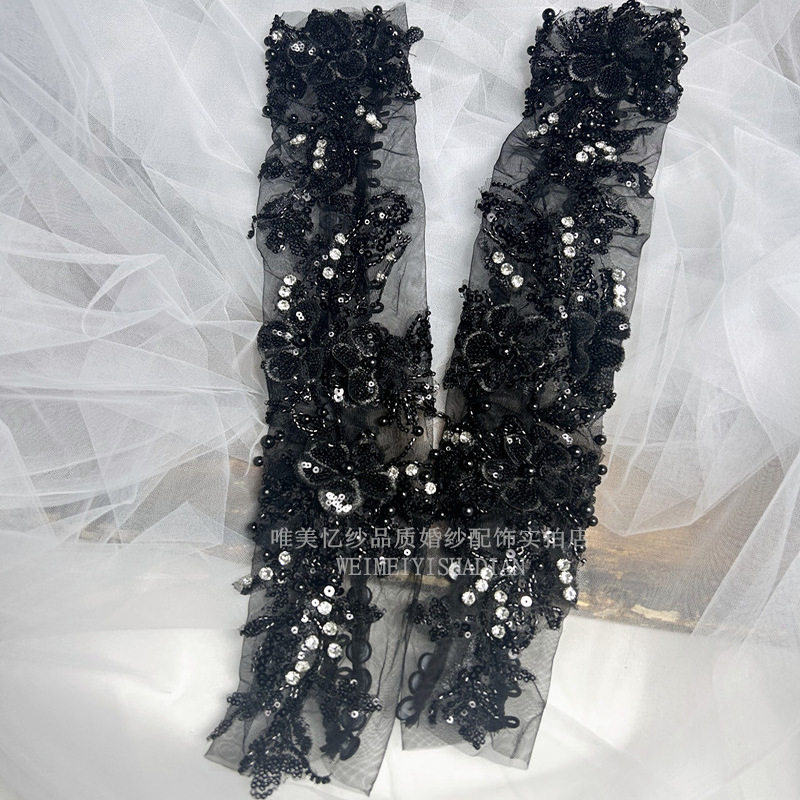 黑色重手工亮片立体花朵珠钻绣网纱婚纱礼服袖子新娘婚纱配饰时尚