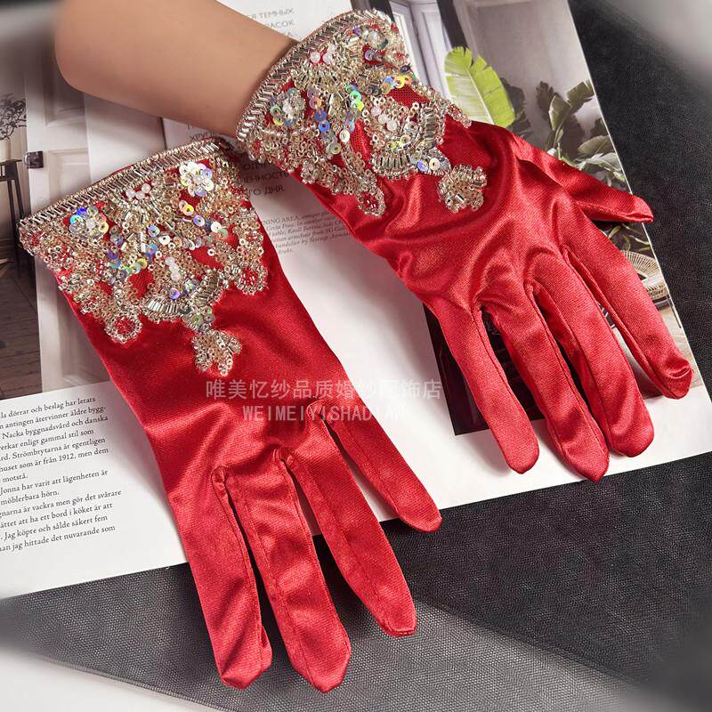 新款红色秀禾服手套手工珠复古礼服婚纱配饰新娘结婚手套喜庆金花