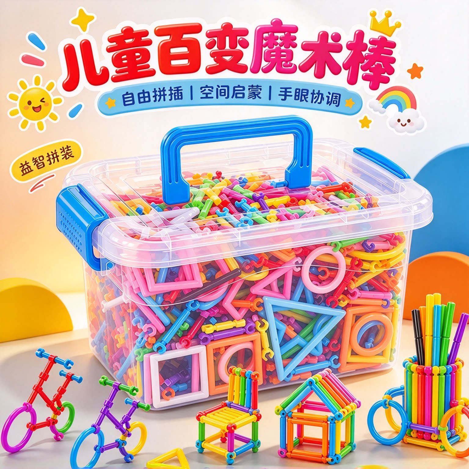儿童聪明魔术棒百变积木塑料男女孩幼儿启蒙开发拼装拼插玩具礼物