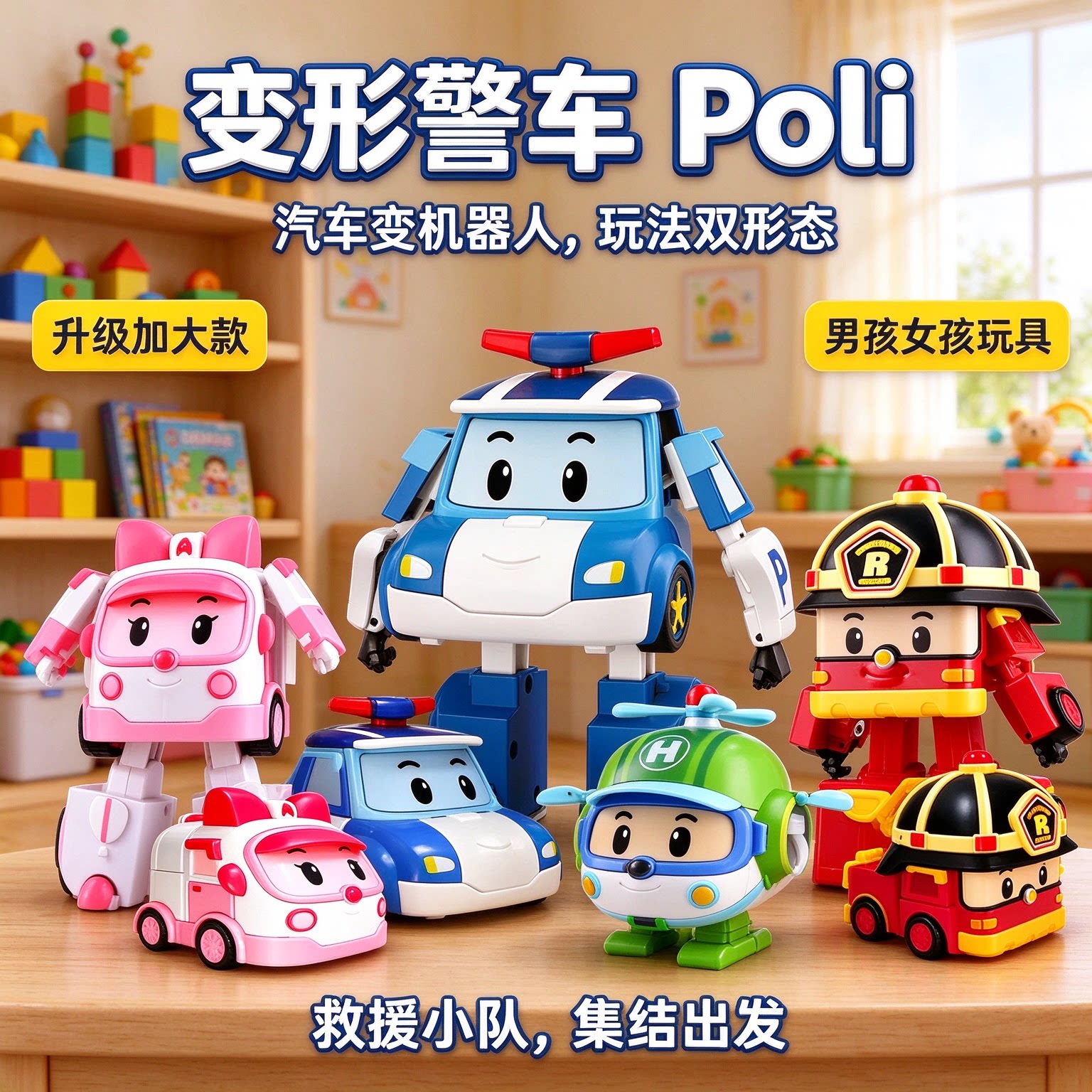 珀利正版变形警车poli罗伊消防车安巴救护车儿童可变形机器人玩具