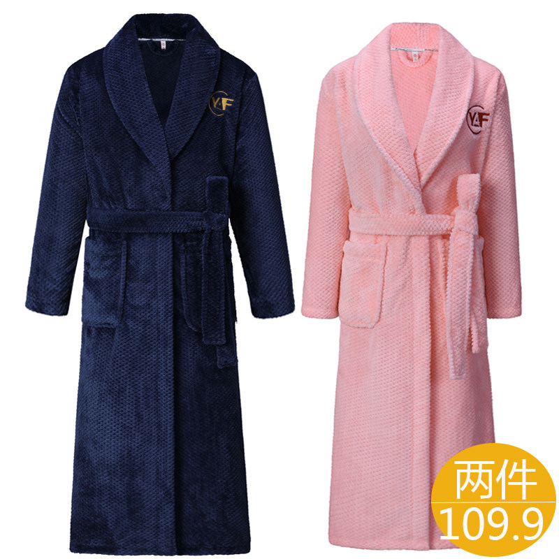 冬季睡衣加长加厚法兰绒睡袍情侣一对加绒保暖浴袍大码长款家居服