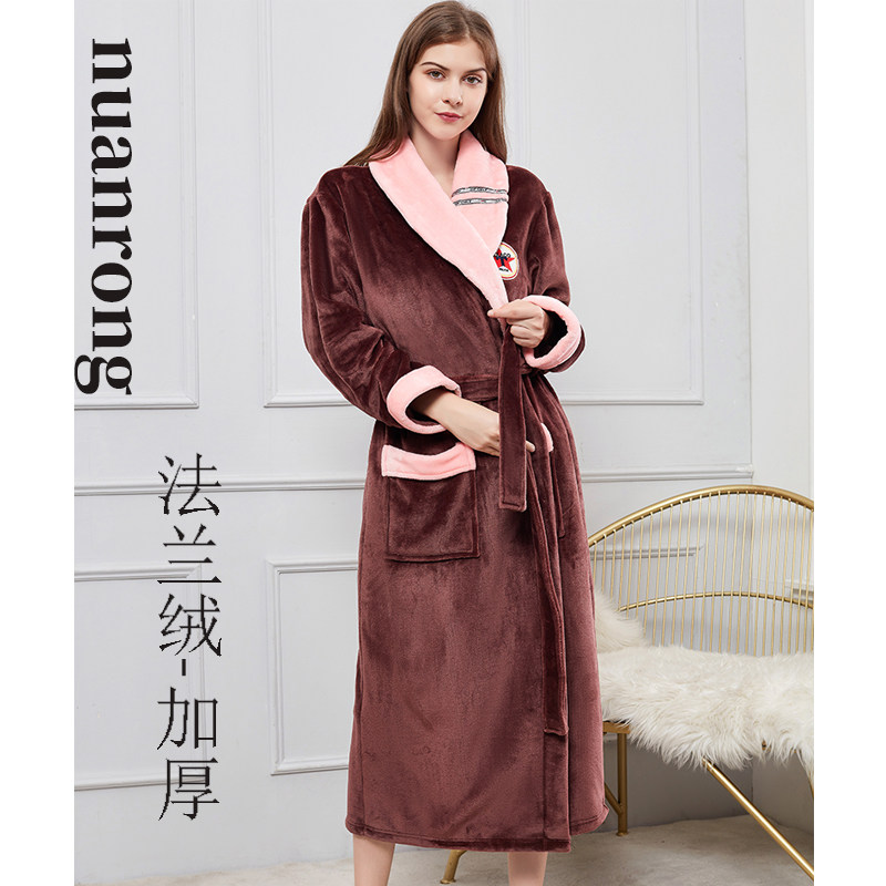 清仓加长加厚法兰绒睡袍女秋冬居家保暖浴袍小个子大码珊瑚绒浴衣