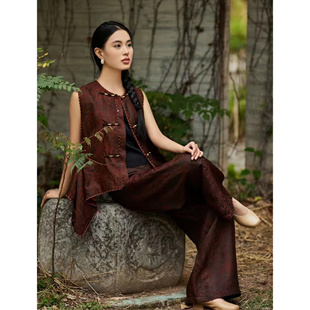 设计师原创 100%桑蚕丝绕线提花香云纱红云纱马甲裤子套装