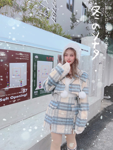 清仓大码冬装小香风套装女微胖纯欲显瘦毛呢格子西装短外套半身裙