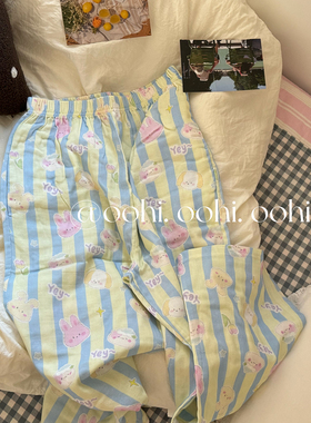 我趣!芥么好康的绿条纹小动物睡裤!清新可爱软糯透气纱棉居家裤女