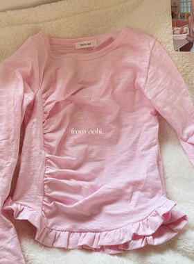 泰甜美韩系啦！春夏新款花边斜下摆长袖修身打底上衣T恤衫少女