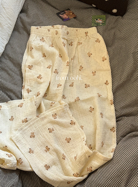 睡觉吼爱穿!这波点小熊睡裤可爱冒泡!纱棉透气舒服的直筒居家长裤