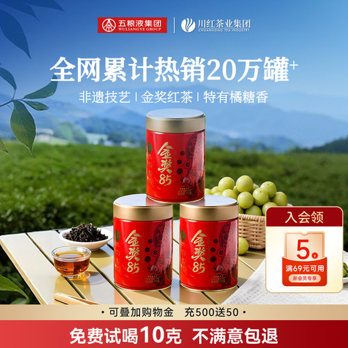 五粮液&川红官方特级非遗工夫红茶金奖85茶叶浓香型罐装125g*3罐