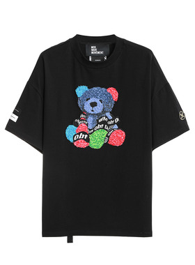小熊装饰黑色短袖T 恤宽松版型 街头风男女同款上衣 MW092021026