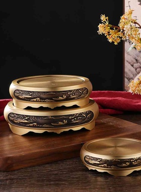 纯黄铜特大香炉底座圆形浮雕山水底座装饰米缸聚宝盆底托茶几摆件