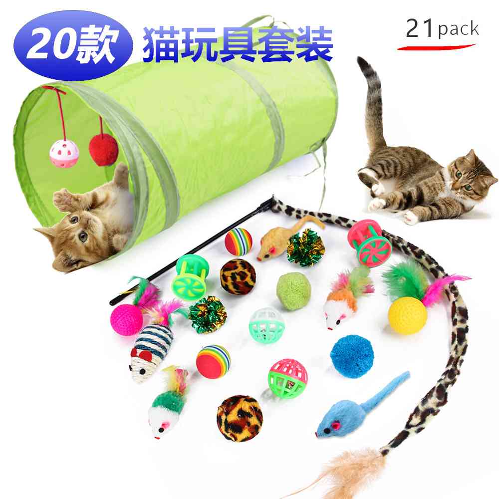 汇总宠物猫玩具套装 21件猫咪通道逗猫棒毛绒老鼠亚马逊组合玩具