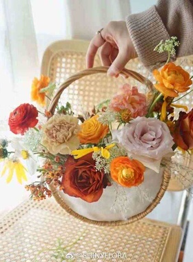 花篮子插花鲜花布衬半月形插花干花篮子竹编花篮花框化妆包