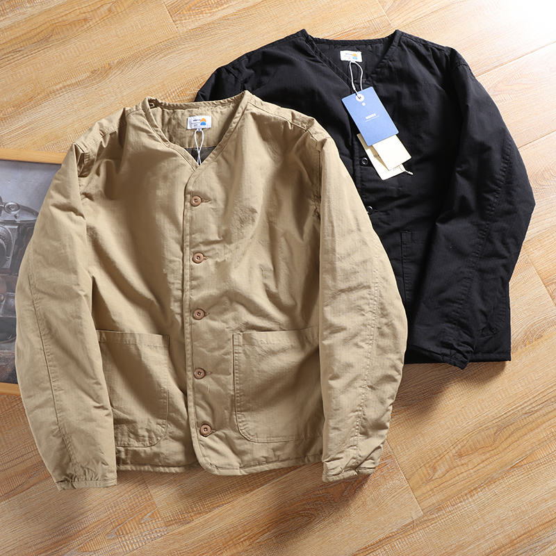 日系订单！六叔同款！ 秋冬新品复古无领男士宽松棉衣棉服外套男
