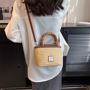 小众洋气编织风竹节手提包斜挎包草包单肩包 夏日度假风 BLUE