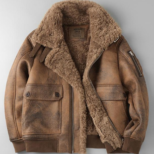原单皮毛一体外套冬季加绒加厚麂皮绒机车风翻领宽松短款复古皮衣