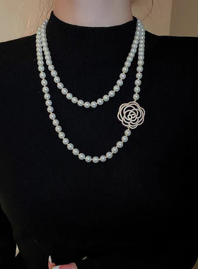 双层叠戴珍珠长款项链