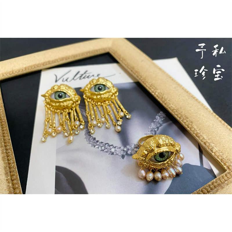 女复古巴洛克眼睛耳环耳夹戒指