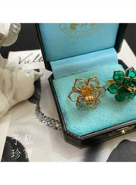 包邮 1834 复古Vintage镀真金保色宫廷风琉璃立体花朵开口戒指