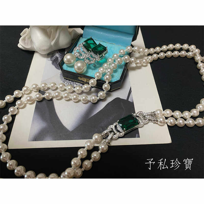 包邮 1861 Vintage欧美巴洛克祖母绿水钻锁扣双层珍珠项链毛衣链