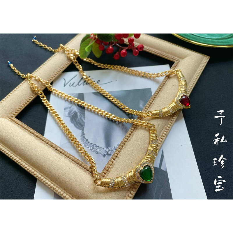 包邮 266 复古Vintage欧美宫廷风巴洛克镀金保色爱心琉璃项链