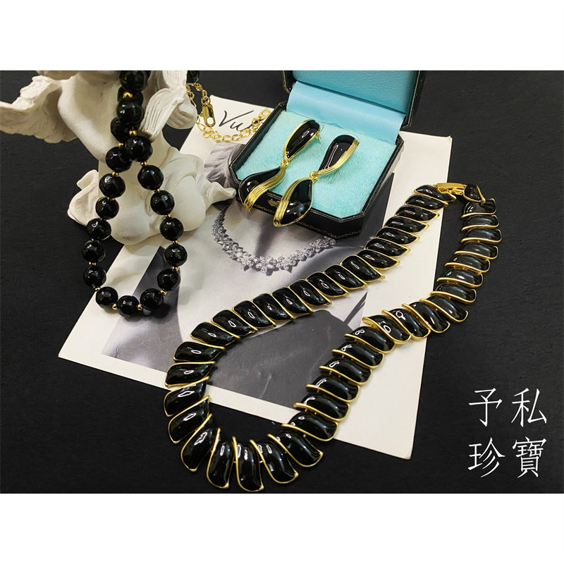 包邮 1781 复古Vintage镀真金巴洛克繁花同款黑金耳环项链套装
