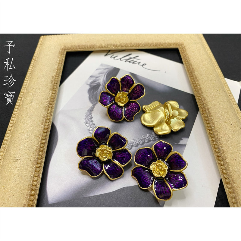 包邮 1792 复古Vintage巴洛克紫色花朵滴油珐琅夸张耳钉螺丝耳夹